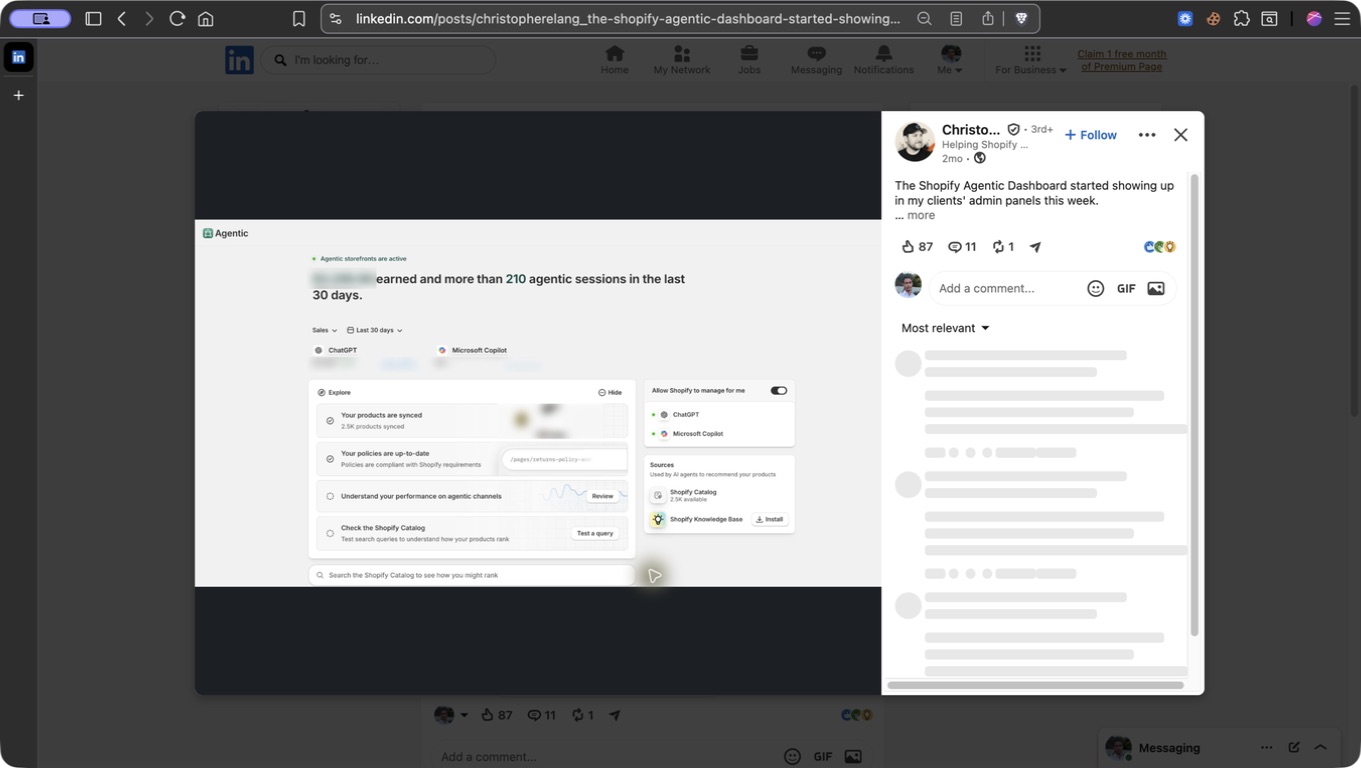 Shopify agentic storefronts dashboard showing AI-channel sales, orders, and sessions