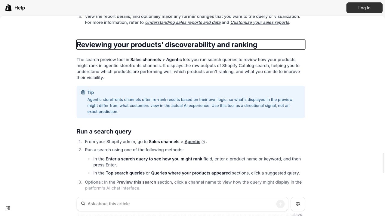Shopify documentation noting that AI platforms re-rank catalog preview results with their own logic